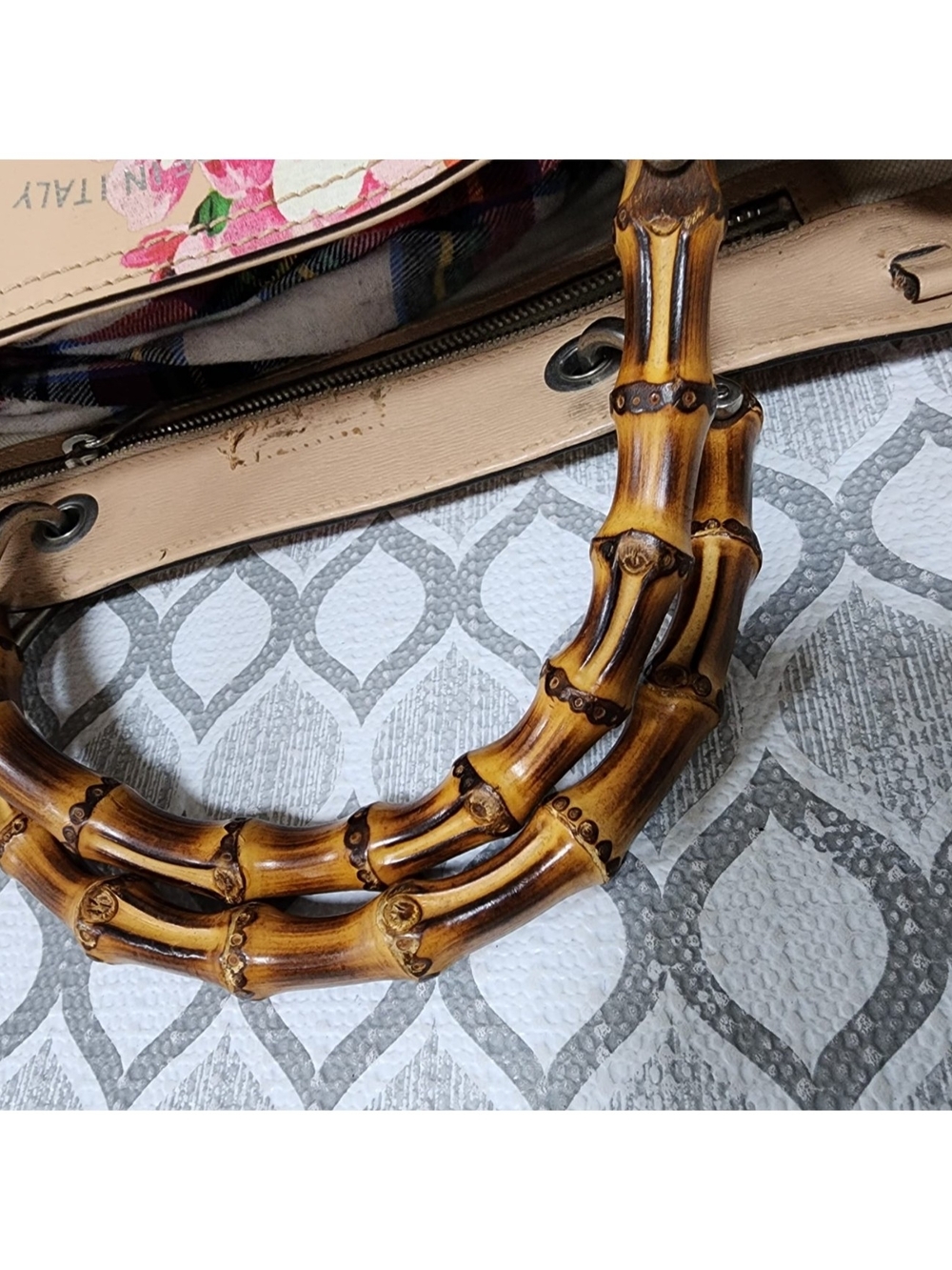 GUCCI Shangai Calfskin Blooms Print Medium Bamboo Shopper Tote Pink/Multicolor - Picture 10 of 14